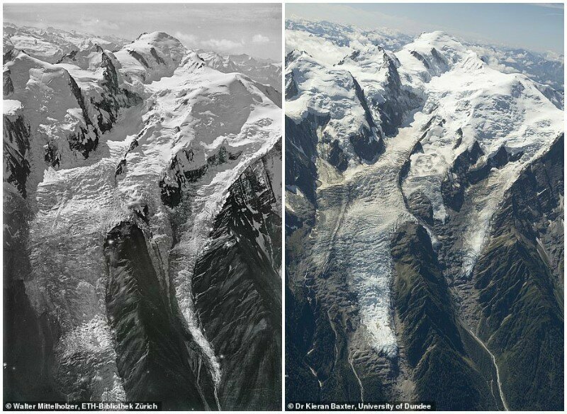 На снимках команды - ледники Аржантьер, Монблан Боссон и Мер-де-Глас в 1919 и 2019 году