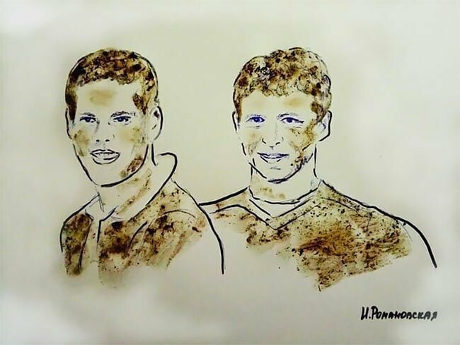 Футболисты Кокорин и Мамаев (портрет написан грязью ради намека на плохое поведение спортсменов)
