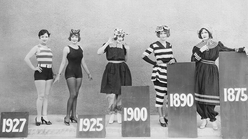 Эволюция женского купальника с 1875 по 1927 год.