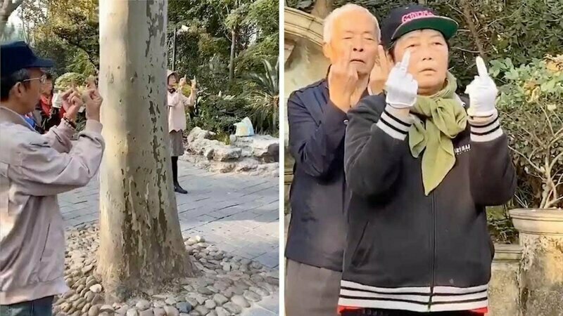 Китайские пенсионеры были запечатлены во время исполнения странного «ритуала»