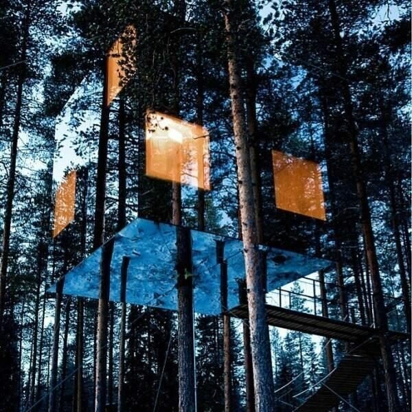 Зеркальный домик на дереве в Швеции