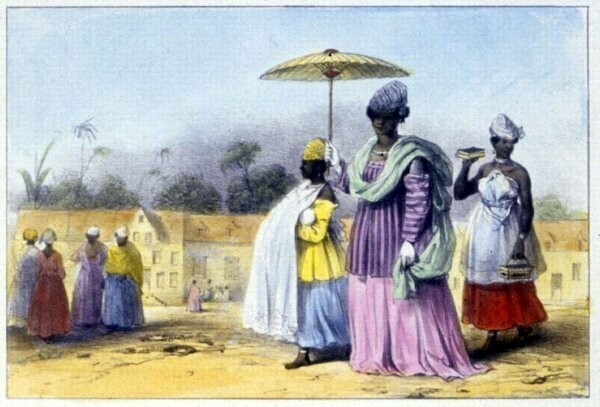 Белая женщина в сопровождении своих рабынь (Суринам, 1831 год)