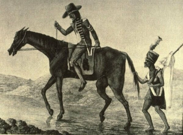 Черный оруженосец со своим господином, состоящим на военной службе (Барбадос, 1830-е годы)