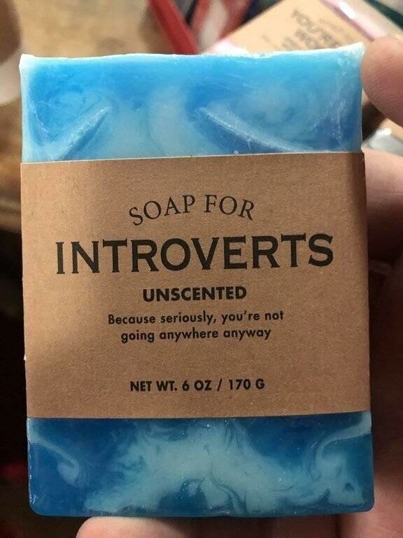 "Мыло для интровертов. Без запаха (ну серьёзно, ты же ведь никогда никуда не ходишь)" 