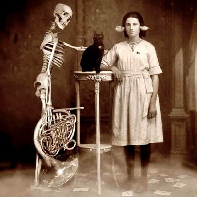 Скелет, чёрная кошка и девушка