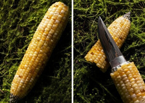 Нож в виде кукурузного початка из янтаря и дамасской стали