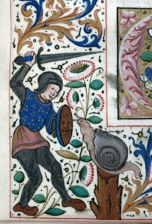 Странные средневековые сцены битвы между людьми ...и улитками