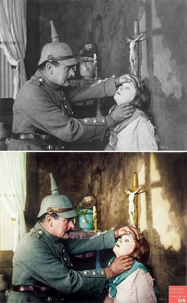 10. Сцена из фильма "Stake Uncle Sam To Play Your Hand’ (1918 г.) с участием Мэй Марш в роли бельгийской девочки и А. Гиббонса в роли немецкого солдата