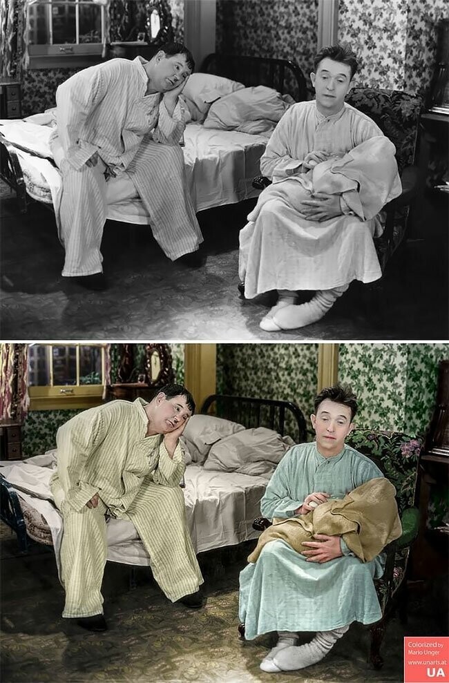 8. Сцена из фильма "Их первая ошибка" (1932 г.) с комиками Лорелом и Харди