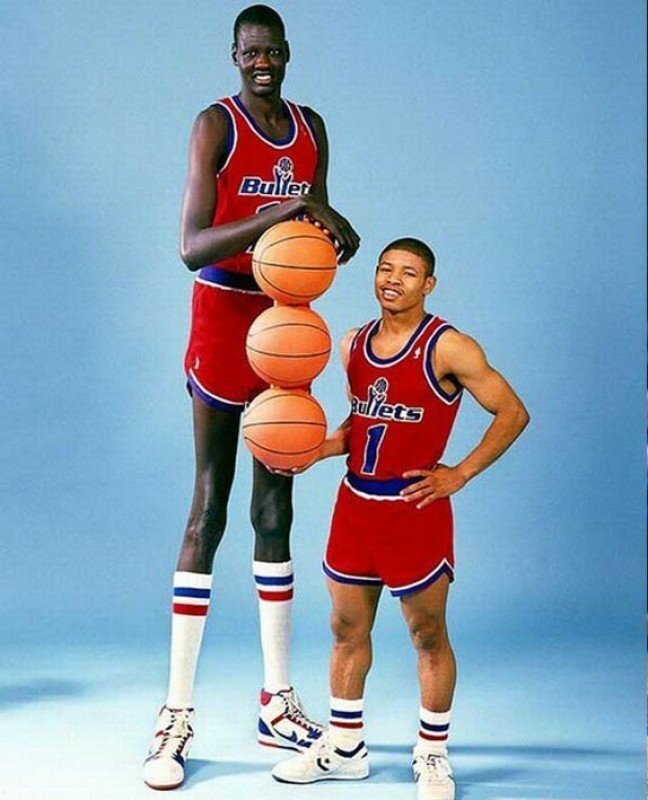 Мануте Бол и Магси Богз – товарищи по команде, самый высокий и самый низкий игроки в истории НБА в то время, 1980-е.