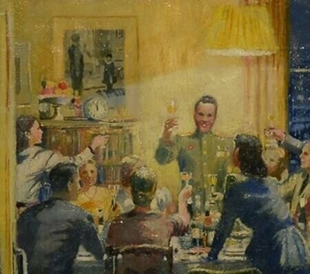 Фрагмент картины Юрия Пименова с картиной Решетникова - позади мужчины, провозглашающего тост: