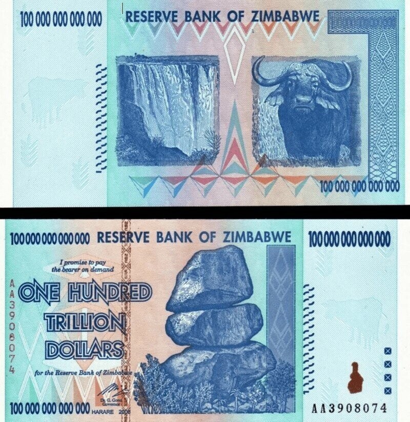 Банкнота с самым крупным в мире номиналом — 100 триллионов зимбабвийских долларов