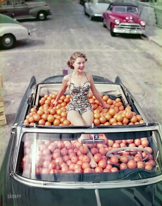 Модная фотосессия с девушкой в апельсинах. США, 1951