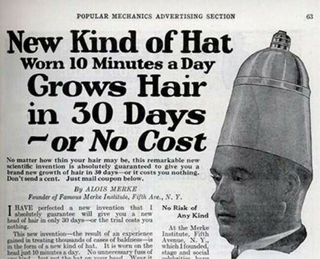 Странная шляпа для роста волос, которая, предположительно, лечила облысение.