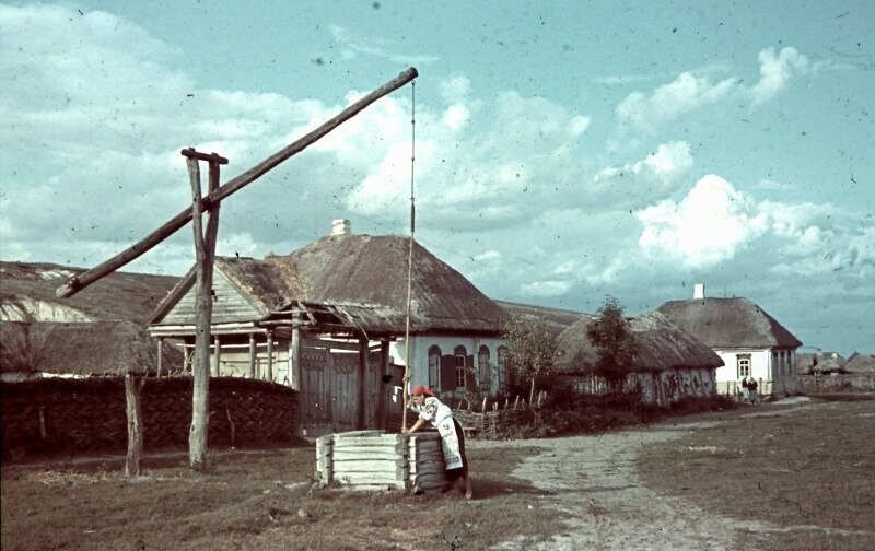 Крестьянка набирает воду из колодца в оккупированном селе Колтуновка Курской области (ныне Белгородская область). 1942 г.