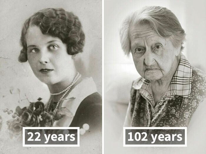 Анна Вашинова, 22 года (после свадьбы) и 102 года.