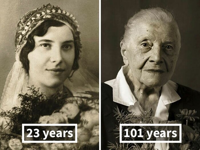 Мари Бурешова, 23 года (на свадьбе) и 101 год.