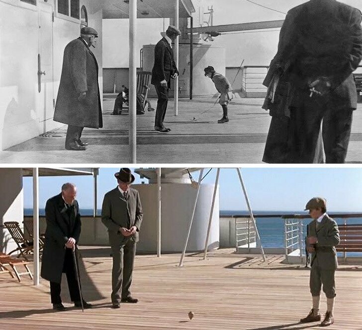 Первое фото с настоящего Титаника, второе кадр из фильма "Титаник"