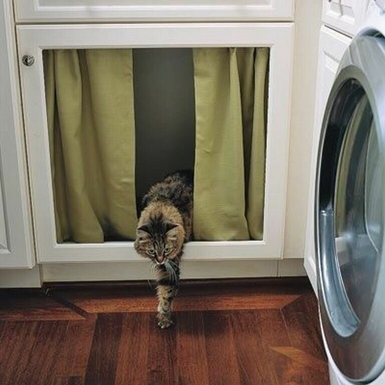 Снимите панель с дверцы шкафчика, натяните трос, повесьте занавеску - и спрячьте туда кошачий лоток. Удобно и вам, и коту!