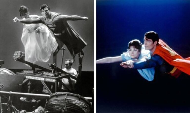 В фильме "Супермен" (1978) актёров для сцен полётов не подвешивали на проволоке ─ их поддерживала специальная опора