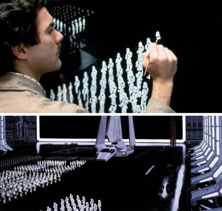 В оригинальной трилогии "Звёздные войны" (1977-1983) в качестве фона использовали тщательно разрисованные маты