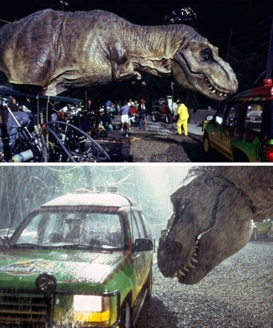 В фильме "Парк Юрского периода" (1993) в качестве динозавров использовались аниматроники в натуральную величину