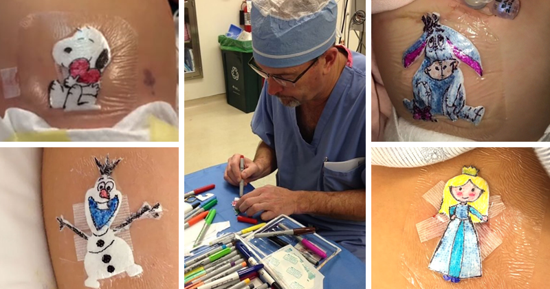 Хирург рисует мультяшек на послеоперационных повязках, чтобы поднять маленьким пациентам настроение