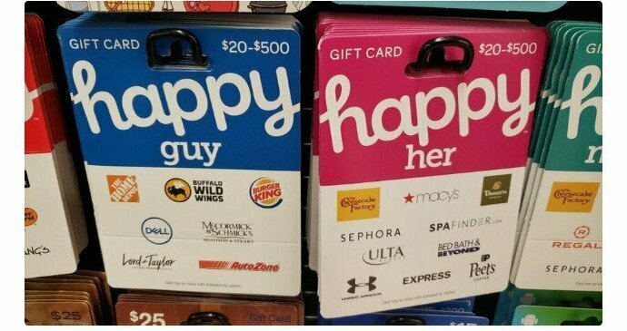 Подарочные карточки супермаркета для мужчин и женщин. По первым - водка, по вторым - шампанское?