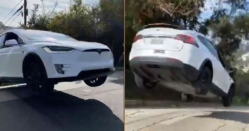 Прыжок кроссовера Tesla Model X на улицах Лос-Анджелеса