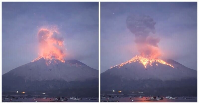 Извержение вулкана в Японии попало на видео
