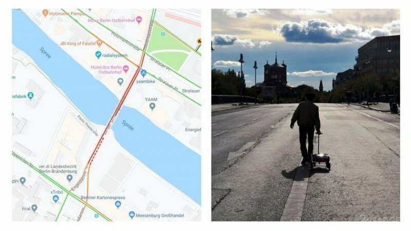 99 смартфонов, возимых по Берлину на тележке, «создали» виртуальные пробки в Google Maps (3 фото + видео)