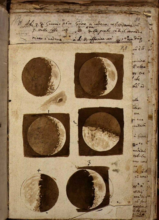 12. Галилей и его первые рисунки луны после наблюдения в телескоп в 1609 году