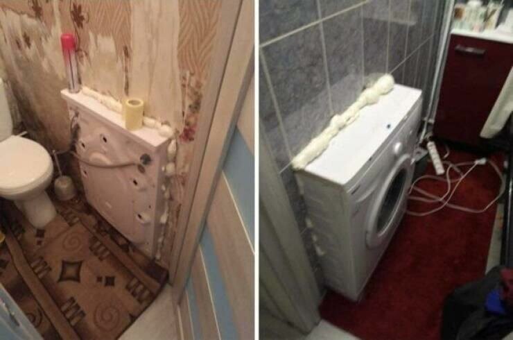 Стиральная машина застряла в текстурах между ванной и туалетом