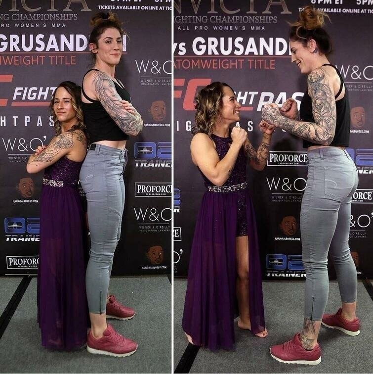 Бойцы MMA: Алиша Заппителла (слева) [первая наилегчайшая категория] и Меган Андерсон [полулёгкая категория]