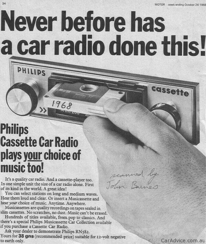 Реклама первой кассетной магнитолы для автомобиля. США. 1968 г.