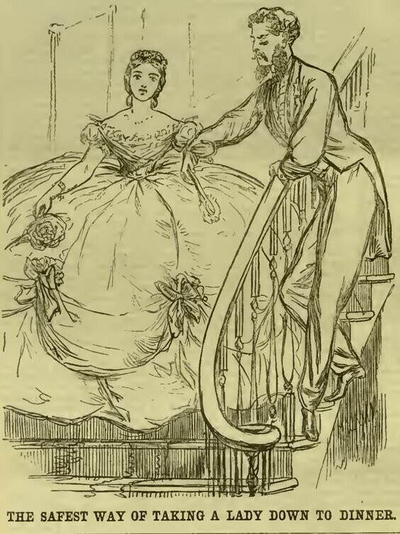 Карикатура, показывающая, что мужчинам не было места рядом с дамой в подобном платье