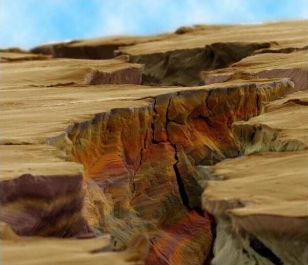 То, что на первый взгляд кажется каньоном, является трещиной в стали (вид через электронный микроскоп) 