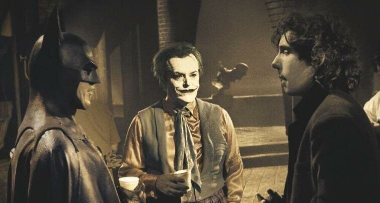 Майкл Китон, Джек Николсон и Тим Бёртон с кофейком на съемках фильма "Бэтмен", 1989 год
