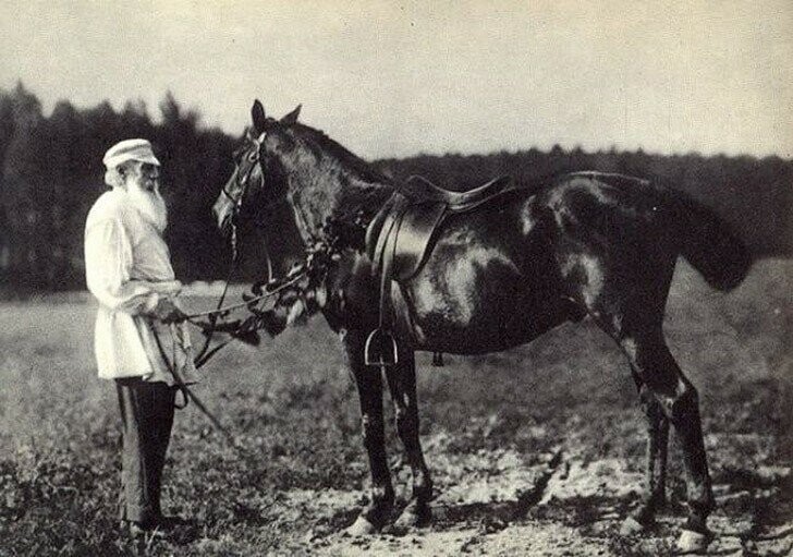 14. Лев Толстой с любимым конем Делиром. Ясная Поляна, 1908 год.