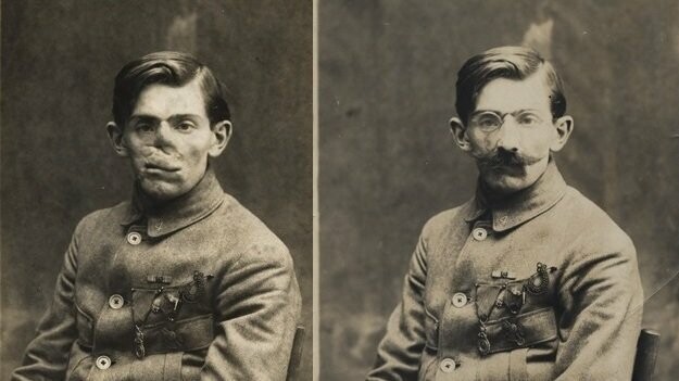 фотографии ветерана Первой мировой войны с маской и без нее, около 1920 года.
