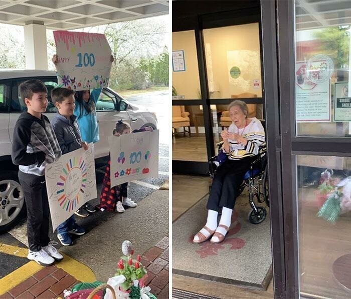 Сегодня этой женщине исполнилось 100 лет, но дом престарелых находится на карантине, однако детям не помешало поздравить бабушку, стоя за дверью