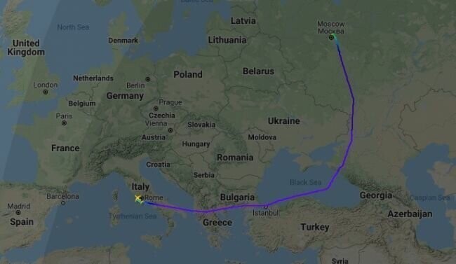Маршрут самолёта Ил-76 с бортовым номером 1533F3 из Москвы в Рим