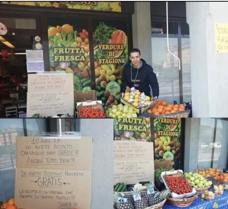 3. Иммигрант, владеющий лавкой в Италии, бесплатно раздает фрукты