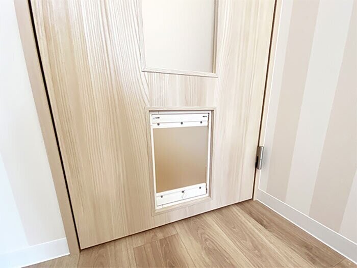 Дверь, отделяющая комнату от кухни, снабжена кошачьим лазом