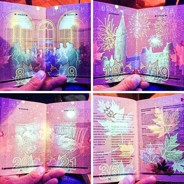 Канадский паспорт в ультрафиолетовом свете выглядит как настоящий шедевр