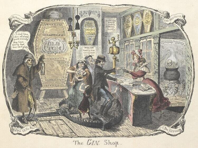 Старинная карикатура, показывающая продавцов джина и их клиентов