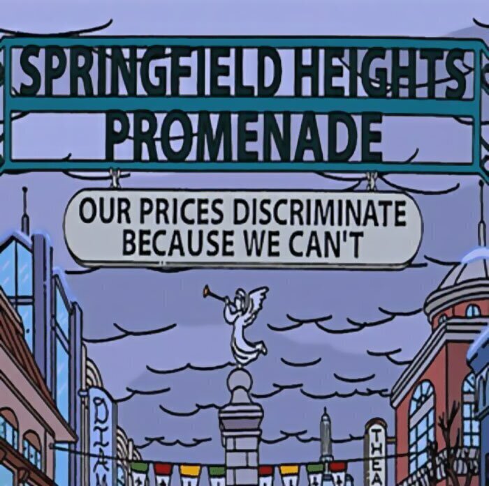 "Торговая улица Спрингфилд Хейтс. Мы не можем дискриминировать вас, но наши цены сделают это за нас!"