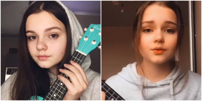15-летняя школьница играет на укулеле современные хиты