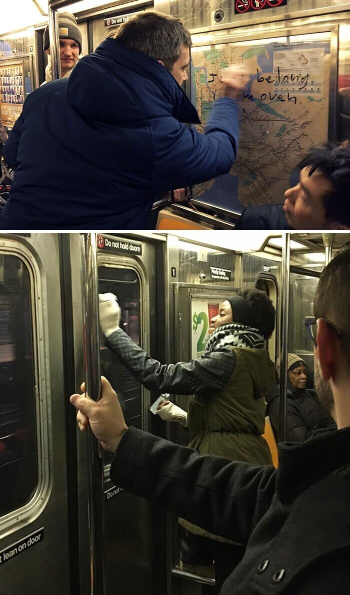 5. "Ехал в метро в Манхэттене. Весь вагон был изрисован свастиками. Один парень сказал, что маркер можно отмыть санитайзером. Все полезли в сумки и начали оттирать фашистскую символику и надписи"