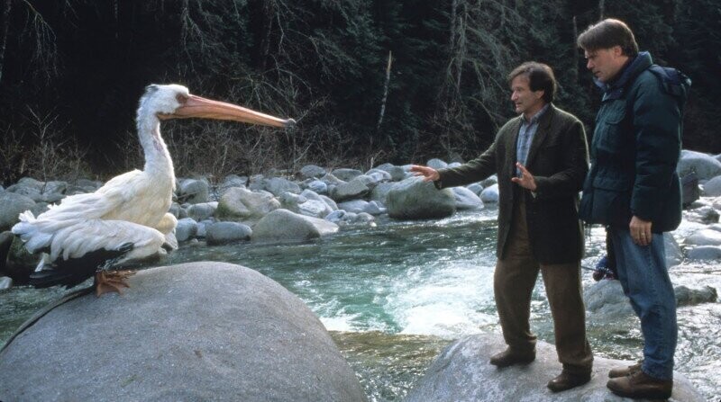 Робин Уильямс и режиссер Джо Джонстон на съемках фильма "Джуманджи", 1995 год, США